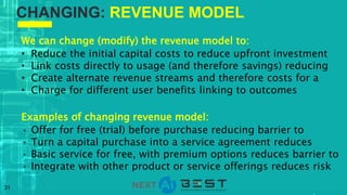 31
We can change (modify) the revenue model to:
• Reduce the initial capital costs to reduce upfront investment
• Link costs directly to usage (and therefore savings) reducing
• Create alternate revenue streams and therefore costs for a
• Charge for different user benefits linking to outcomes
Examples of changing revenue model:
• Offer for free (trial) before purchase reducing barrier to
• Turn a capital purchase into a service agreement reduces
• Basic service for free, with premium options reduces barrier to
• Integrate with other product or service offerings reduces risk
CHANGING: REVENUE MODEL
 
