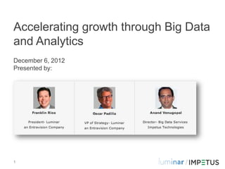 Accelerating growth through Big Data
and Analytics
December 6, 2012
Presented by:




1                              /
 