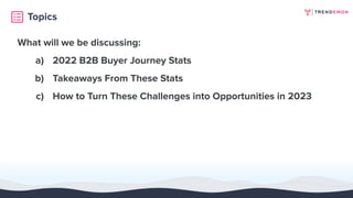 Topics
What will we be discussing:
a) 2022 B2B Buyer Journey Stats
b) Takeaways From These Stats
c) How to Turn These Chal...