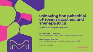 Merck KGaA
Darmstadt, Germany
November 19, 2020
A Manufacturing Perspective
Unlocking the potential
of mRNA Vaccines and
Therapeutics
Dr. Nargisse El Hajjami
Associate Director Cell & Gene Therapy Segment EMEA
Mag. Manuel Brantner
Associate Director Vaccine & Plasma Segment EMEA
 