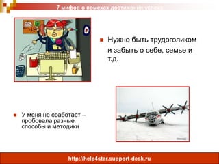 7 мифов о помехах достижения успеха





Нужно быть трудоголиком
и забыть о себе, семье и
т.д.

У меня не сработает –
пробовала разные
способы и методики

http://help4star.support-desk.ru

 