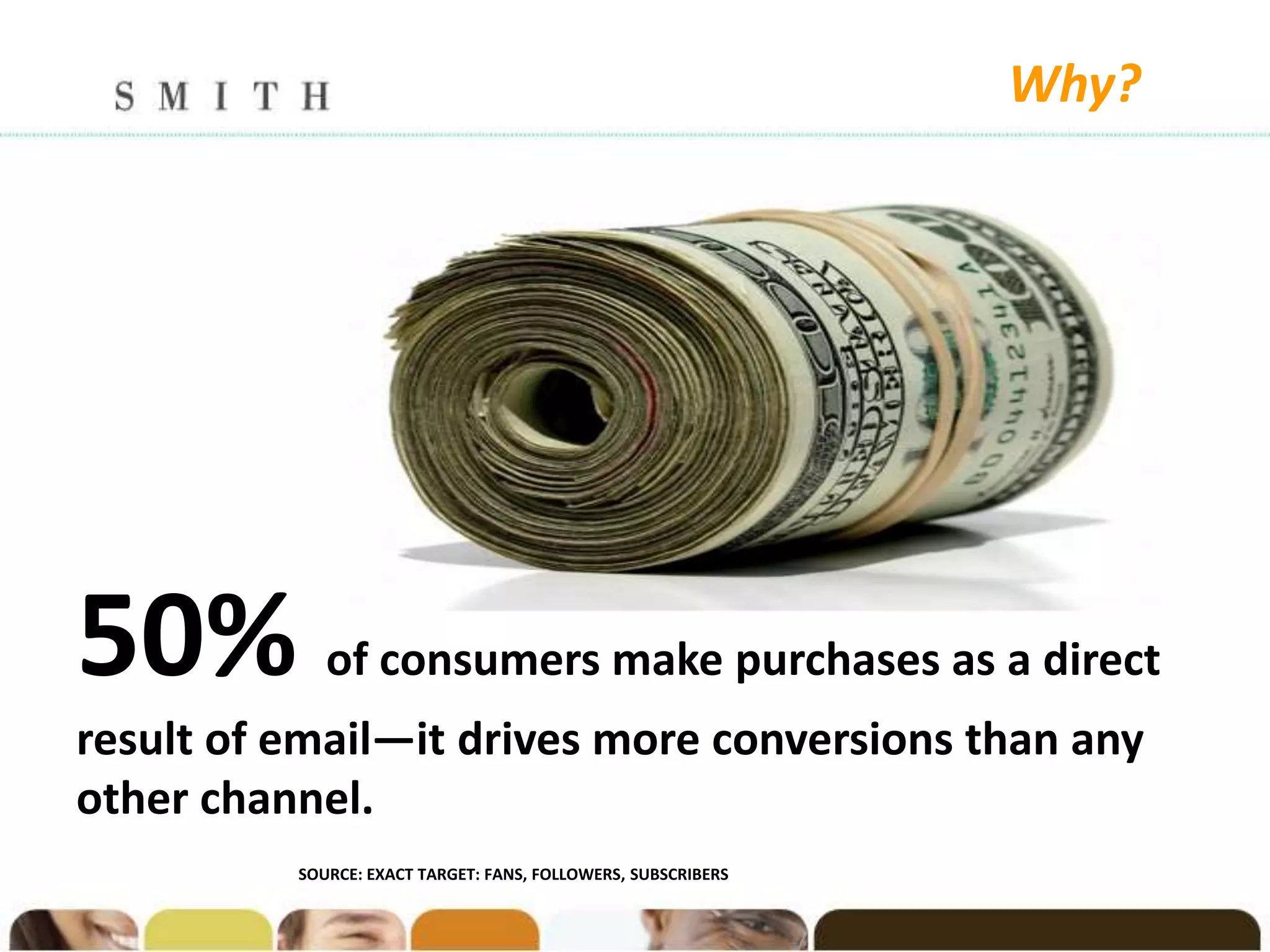 Why?




50%          of consumers make purchases as a direct
result of email—it drives more conversions than any
other channel.
          SOURCE: EXACT TARGET: FANS, FOLLOWERS, SUBSCRIBERS
 