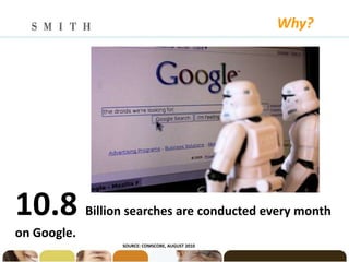 Why?




10.8         Billion searches are conducted every month
on Google.
                   SOURCE: COMSCORE, AUGUST 2010
 