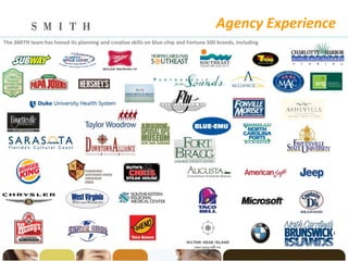 Agency Experience
The SMITH team has honed its planning and creative skills on blue-chip and Fortune 500 brands, including




                                                                                                           4
 