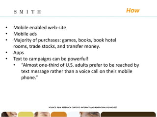 How

•   Mobile enabled web-site
•   Mobile ads
•   Majority of purchases: games, books, book hotel
    rooms, trade stocks, and transfer money.
•   Apps
•   Text to campaigns can be powerful!
    • “Almost one-third of U.S. adults prefer to be reached by
        text message rather than a voice call on their mobile
        phone.”




                    SOURCE: PEW RESEARCH CENTER’S INTERNET AND AMERICAN LIFE PROJECT
 