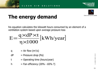The energy demand
                                                                    Clean air with economic benefits




his equation calculates the kilowatt hours consumed by an element of a
ventilation system based upon average pressure loss

   q ×dP × t
E=           [ kWh/year]
   η ×1000
  q        = Air flow (m3/s)
  dP       = Pressure drop (Pa)




                                                                                              © CAMFIL FARR 11-03-28
  t        = Operating time (hours/year)
  h        = Fan efficiency (20% - 65% ?)
                                                                                            19
 