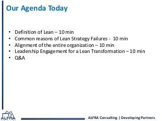 ALFRA Consulting | Developing Partners
Our Agenda Today
• Definition of Lean – 10 min
• Common reasons of Lean Strategy Failures - 10 min
• Alignment of the entire organization – 10 min
• Leadership Engagement for a Lean Transformation – 10 min
• Q&A
 