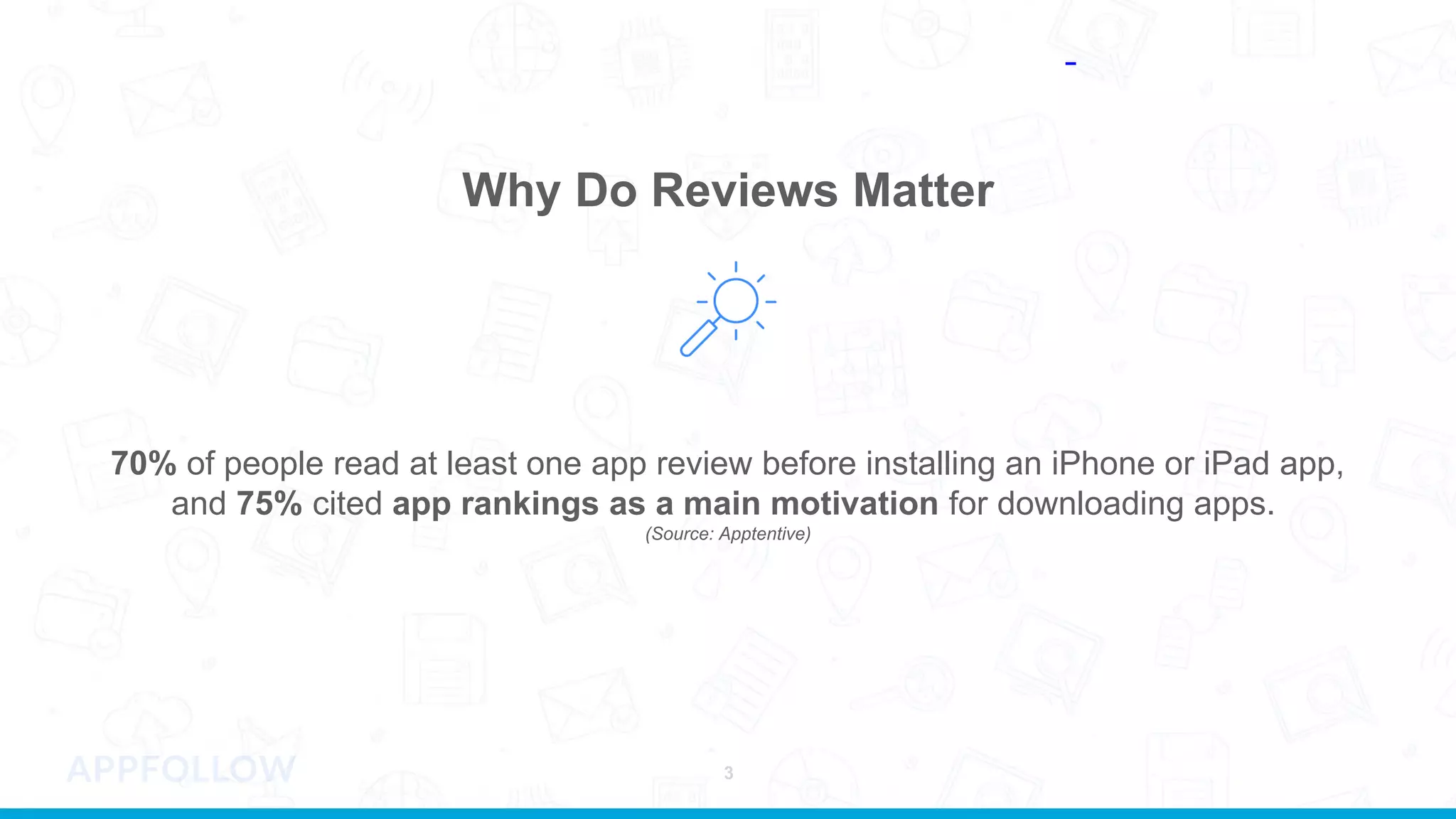 Why Do Reviews Matter
70% of people read at least one app review before installing an iPhone or iPad app,
and 75% cited app rankings as a main motivation for downloading apps.
(Source: Apptentive)
3
 