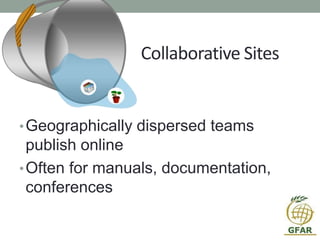 Collaborative Sites
•Geographically dispersed teams
publish online
•Often for manuals, documentation,
conferences
 
