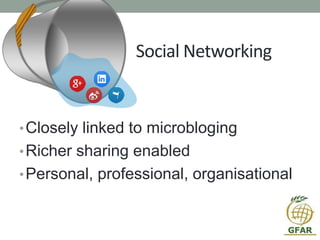 Social Networking
•Closely linked to microbloging
•Richer sharing enabled
•Personal, professional, organisational
 