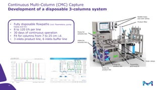 Development of a disposable 3-columns system
• Fully disposable flowpaths (incl. flowmeters, pump
heads and UV)
• 8 to 120 l/h per line
• 30 days of continuous operation
• Fit for columns from 7 to 25 cm i.d.
• 3 inlets product line, 6 inlets buffer line
16
Continuous Multi-Column (CMC) Capture
 