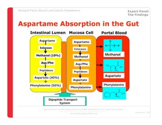 Straight Facts About Low-Calorie Sweeteners                                                            Expert Panel:
                                                                                                       The Findings


Aspartame Absorption in the Gut
        Intestinal Lumen Mucosa Cell                                         Portal Blood

              Aspartame                         Aspartame

               Esterases                         Esterases

            Methanol (10%)                                                      Methanol
                                                 Methanol
             Aspartame                               +
               Asp/Phe                            Asp/Phe

              Peptidases                        Peptidases
                                                                                Aspartate
           Aspartate (40%)
                + (50%)
        Phenylalanine
                                                Aspartate
                                                     +                         Phenylalanine
                                             Phenylalanine



                      Dipeptide Transport
                             System

                  Sponsored by The Beverage Institute for Health & Wellness of The Cola-Cola Company
                                                                                                           December 4, 2007
                                            www.thebeverageinstitute.org
 