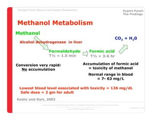Straight Facts About Low-Calorie Sweeteners                                                            Expert Panel:
                                                                                                       The Findings


Methanol Metabolism
Methanol
                                                                                               CO2 + H20
 Alcohol dehydrogenase in liver

                        Formaldehyde                                Formic acid
                        T        = 1.5 min                           T       = 3-6 hr

Conversion very rapid:                                       Accumulation of formic acid
  No accumulation                                              = toxicity of methanol
                                                                   Normal range in blood
                                                                      = 7- 63 mg/L

 Lowest blood level associated with toxicity = 126 mg/dL
  Safe dose = 2 gm for adult
Kostic and Dart, 2003
                  Sponsored by The Beverage Institute for Health & Wellness of The Cola-Cola Company
                                                                                                           December 4, 2007
                                            www.thebeverageinstitute.org
 