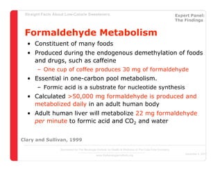 Straight Facts About Low-Calorie Sweeteners                                                            Expert Panel:
                                                                                                        The Findings


 Formaldehyde Metabolism
  • Constituent of many foods
  • Produced during the endogenous demethylation of foods
    and drugs, such as caffeine
       – One cup of coffee produces 30 mg of formaldehyde
  • Essential in one-carbon pool metabolism.
       – Formic acid is a substrate for nucleotide synthesis
  • Calculated >50,000 mg formaldehyde is produced and
    metabolized daily in an adult human body
  • Adult human liver will metabolize 22 mg formaldehyde
    per minute to formic acid and CO2 and water


Clary and Sullivan, 1999

                   Sponsored by The Beverage Institute for Health & Wellness of The Cola-Cola Company
                                                                                                            December 4, 2007
                                             www.thebeverageinstitute.org
 