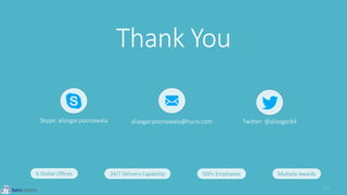 Thank You
6 Global Offices 24/7 Delivery Capability 500+ Employees Multiple Awards
aliasgar.poonawala@hurix.comSkype: aliasgar.poonawala Twitter: @aliasgar84
 