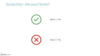 Survey One – Are you a Techie?
Option 1 – Yes
Option 2 – No
 