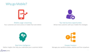 Why go Mobile?
Mobile usage is booming
Your customers are more active on mobile than ever before
Tap new business opportunities
Attract new customers with your mobile first strategies
Real time intelligence
Gather insights that help you understand your customers better
Greater freedom
Manage your workforce better, anytime and from anywhere
 