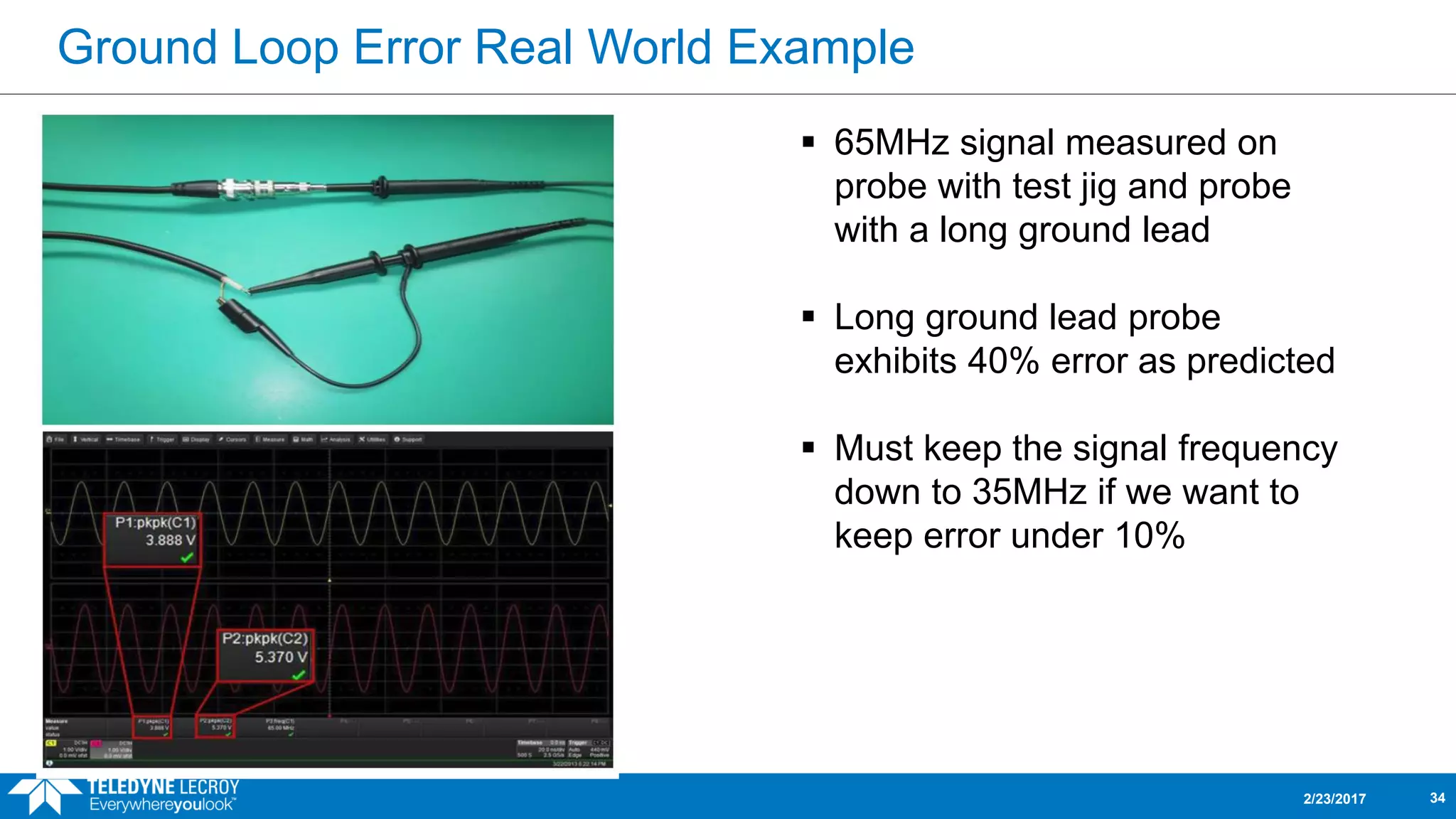 Ground Loop Error Real World Example
2/23/2017 34
 65MHz signal measured on
probe with test jig and probe
with a long ground lead
 Long ground lead probe
exhibits 40% error as predicted
 Must keep the signal frequency
down to 35MHz if we want to
keep error under 10%
 