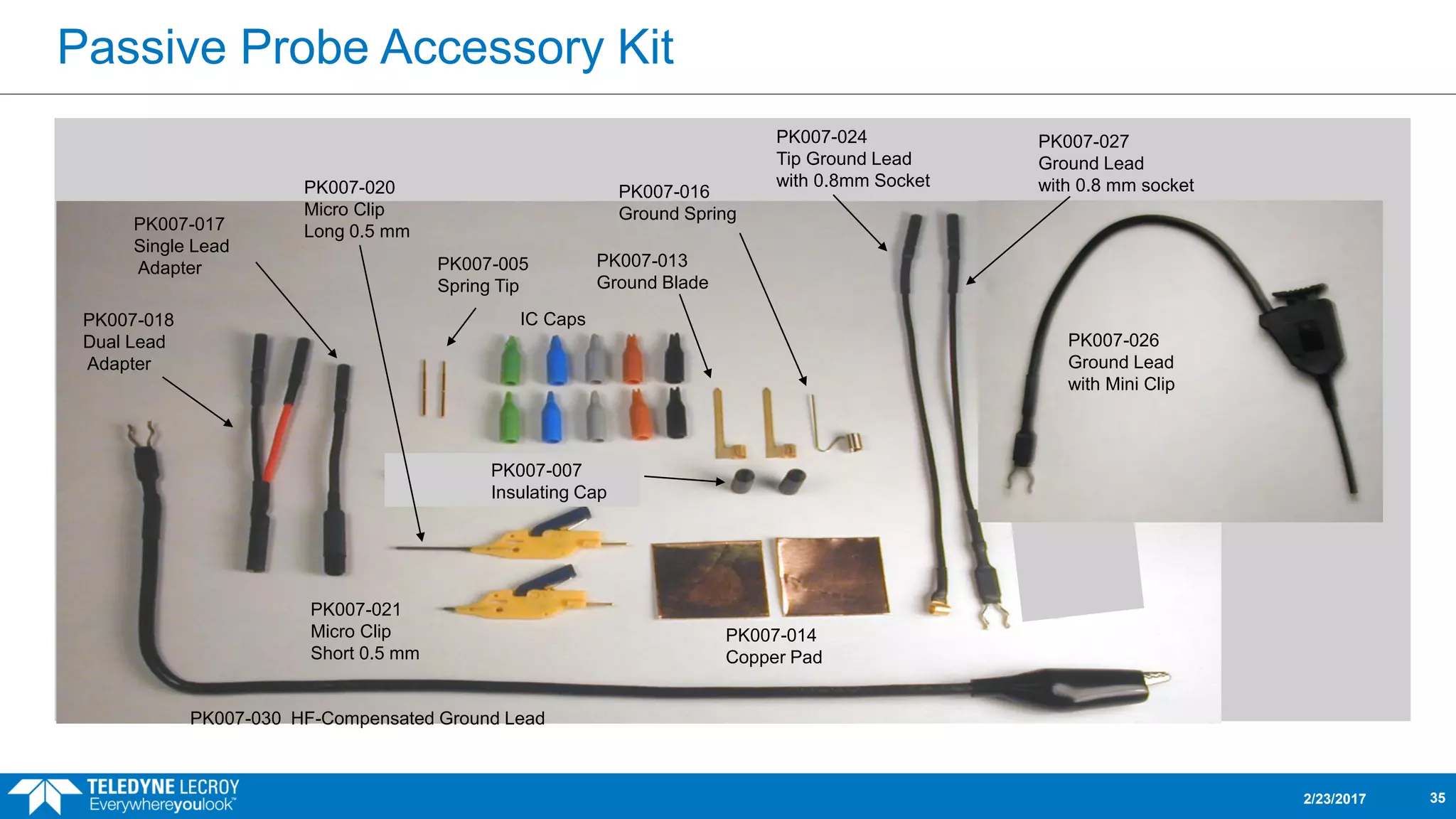Passive Probe Accessory Kit
2/23/2017 35
PK007-030 HF-Compensated Ground Lead
PK007-014
Copper Pad
PK007-024
Tip Ground Lead
with 0.8mm Socket
PK007-016
Ground Spring
PK007-013
Ground Blade
PK007-005
Spring Tip
PK007-017
Single Lead
Adapter
PK007-018
Dual Lead
Adapter
PK007-020
Micro Clip
Long 0.5 mm
PK007-021
Micro Clip
Short 0.5 mm
IC Caps
PK007-026
Ground Lead
with Mini Clip
PK007-007
Insulating Cap
PK007-027
Ground Lead
with 0.8 mm socket
 