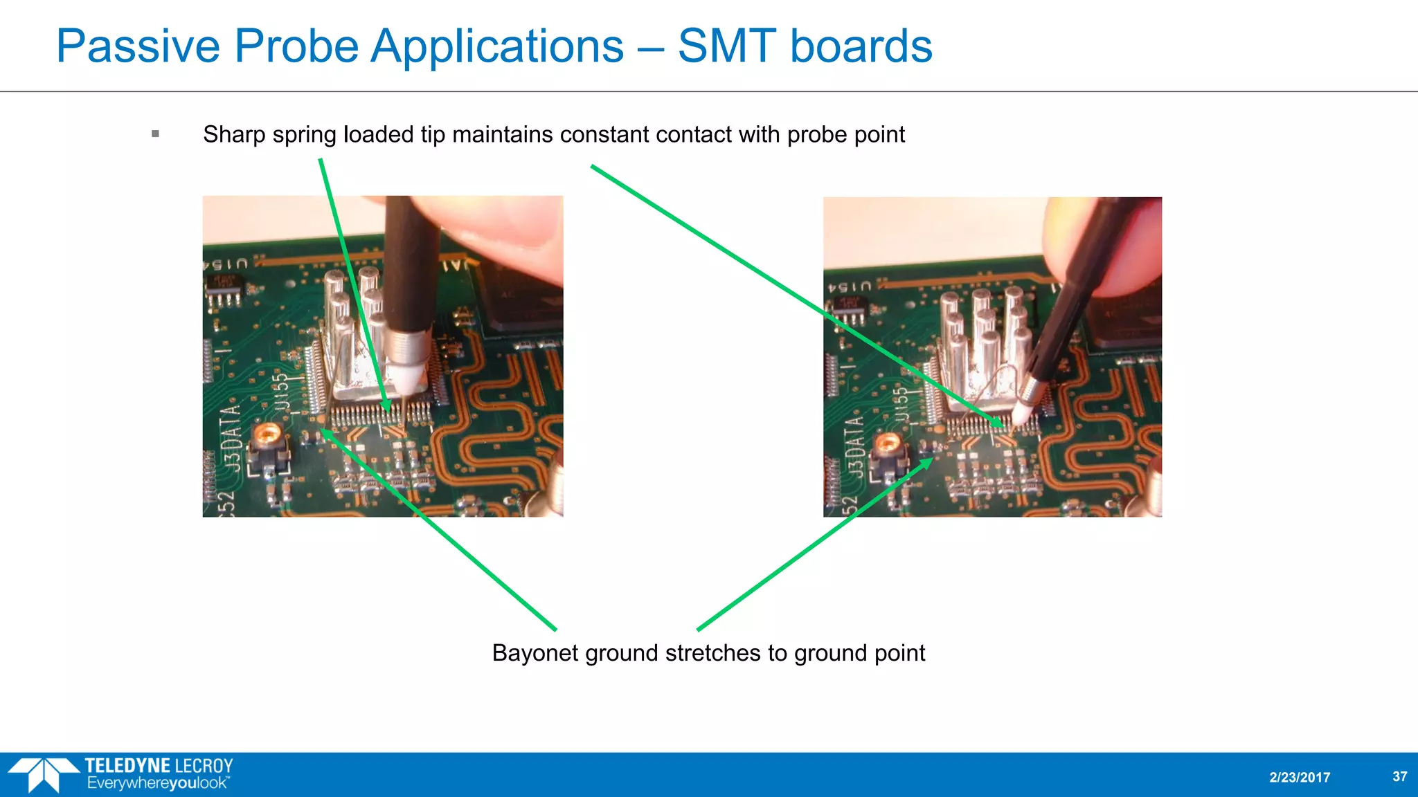 Passive Probe Applications – SMT boards
 Sharp spring loaded tip maintains constant contact with probe point
2/23/2017
Company Confidential
37
Bayonet ground stretches to ground point
 