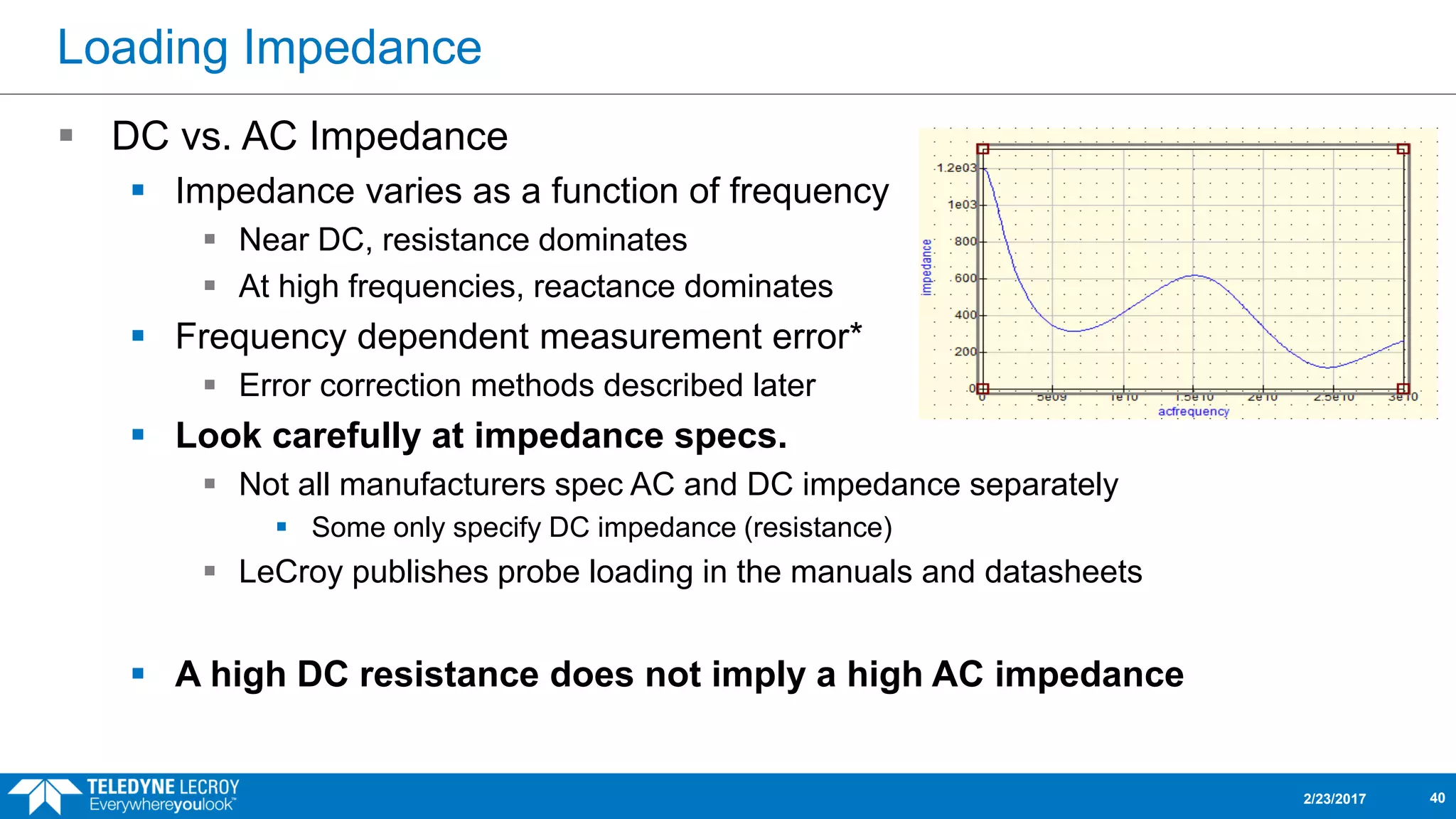 Loading Impedance
 DC vs. AC Impedance
 Impedance varies as a function of frequency
 Near DC, resistance dominates
 At high frequencies, reactance dominates
 Frequency dependent measurement error*
 Error correction methods described later
 Look carefully at impedance specs.
 Not all manufacturers spec AC and DC impedance separately
 Some only specify DC impedance (resistance)
 LeCroy publishes probe loading in the manuals and datasheets
 A high DC resistance does not imply a high AC impedance
2/23/2017 40
 