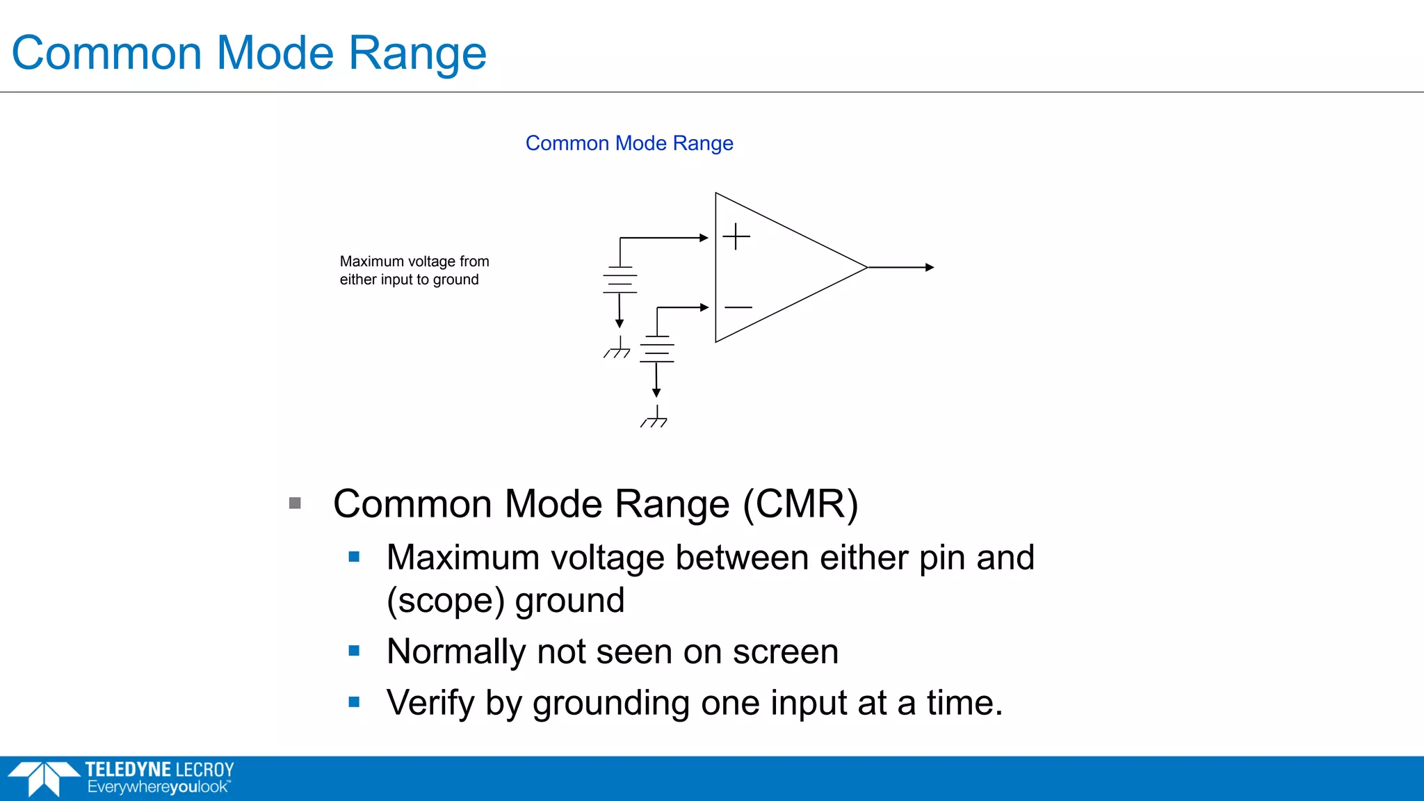 Common Mode Range
 Common Mode Range (CMR)
 Maximum voltage between either pin and
(scope) ground
 Normally not seen on screen
 Verify by grounding one input at a time.
Common Mode Range
Maximum voltage from
either input to ground
 