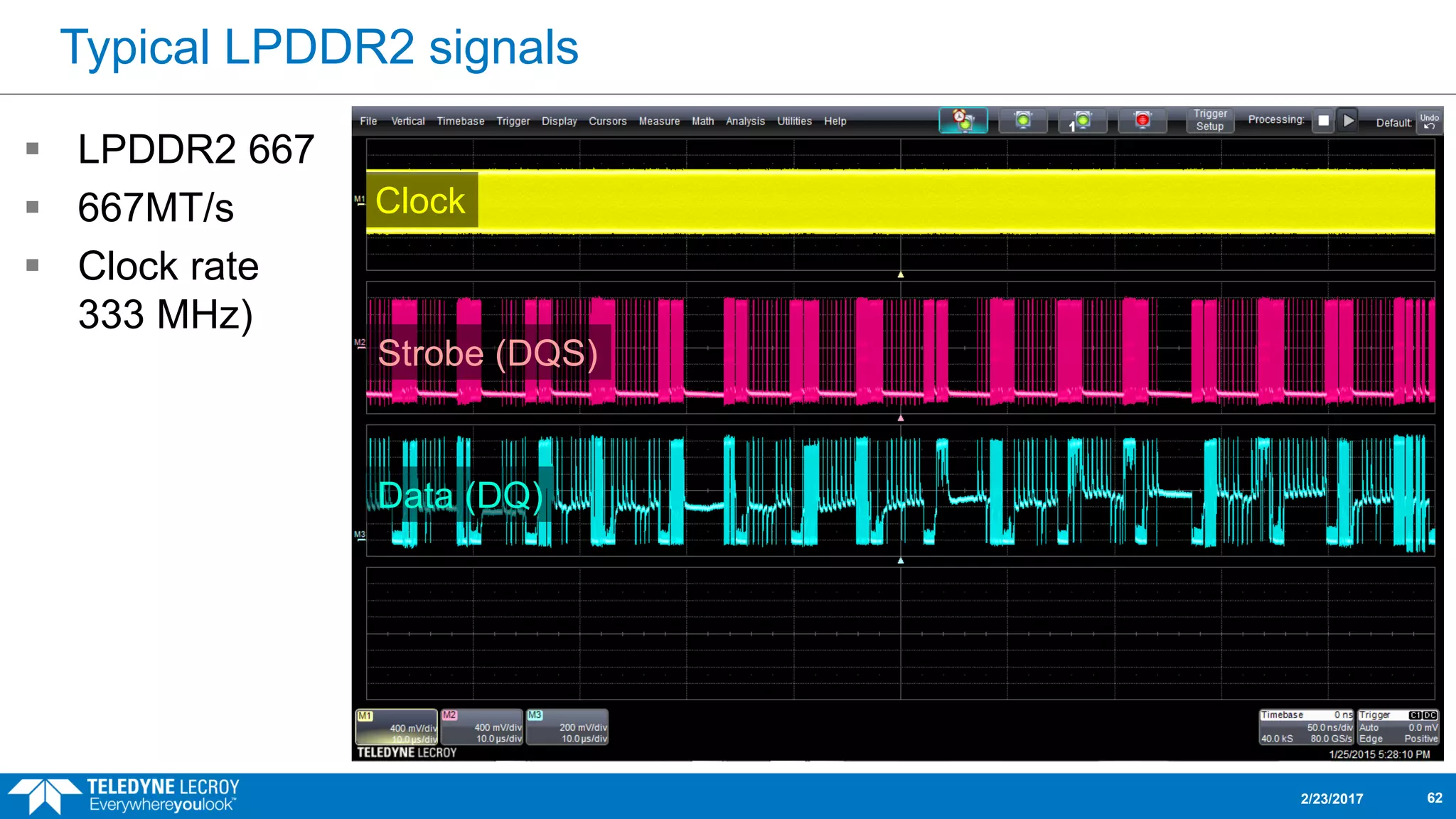 Typical LPDDR2 signals
 LPDDR2 667
 667MT/s
 Clock rate
333 MHz)
2/23/2017 62
Clock
Strobe (DQS)
Data (DQ)
 