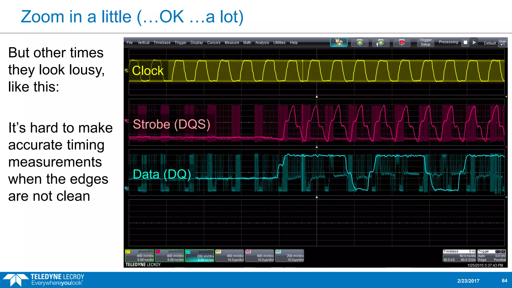 Zoom in a little (…OK …a lot)
But other times
they look lousy,
like this:
It’s hard to make
accurate timing
measurements
when the edges
are not clean
2/23/2017 64
Clock
Strobe (DQS)
Data (DQ)
 