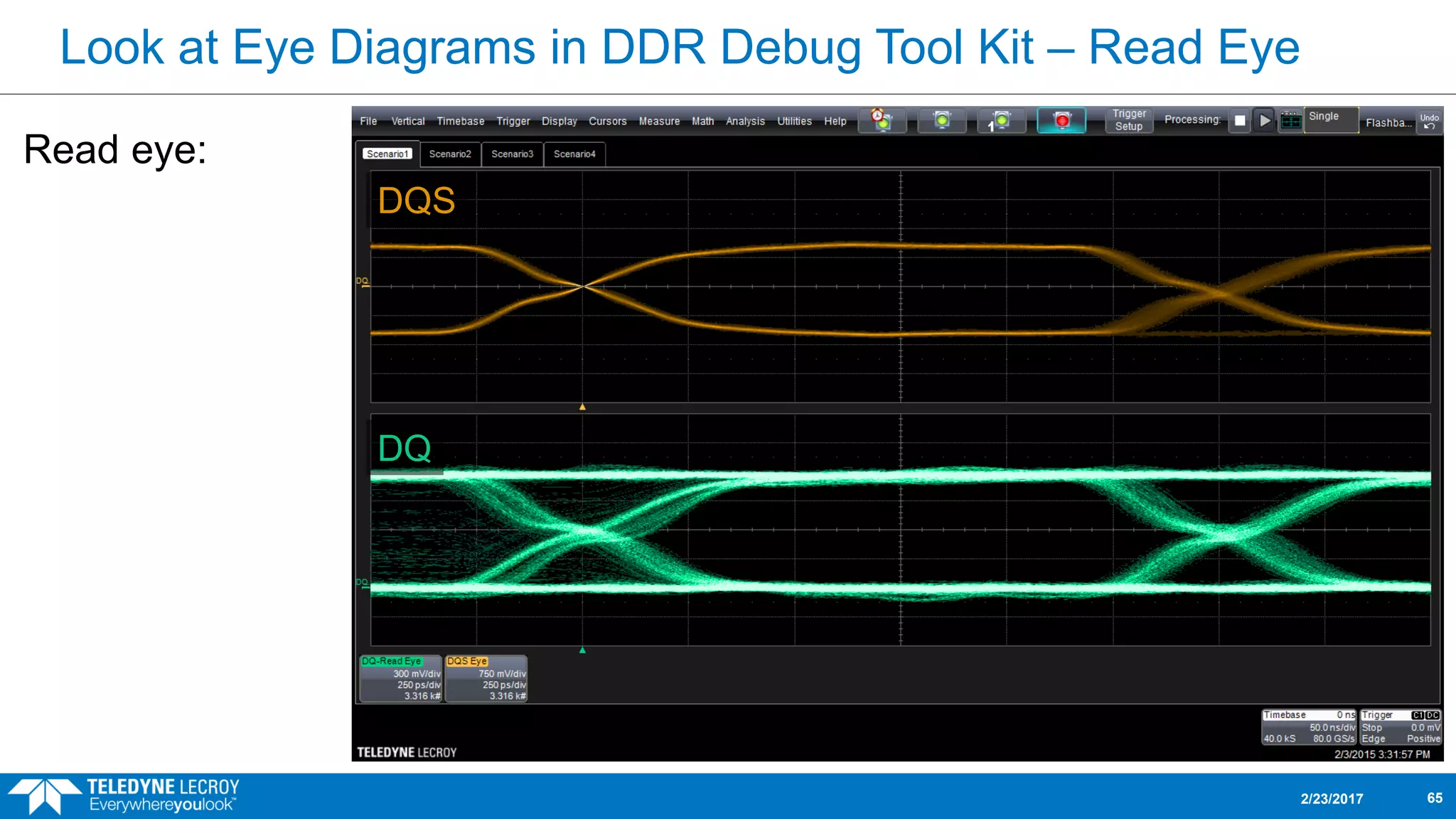 Look at Eye Diagrams in DDR Debug Tool Kit – Read Eye
Read eye:
2/23/2017 65
DQS
DQ
 