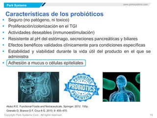 Park Systems www.parksystems.com
Copyright Park Systems Corp., All rights reserved. 15
Características de los probióticos
 Seguro (no patógeno, ni toxico)
 Proliferación/colonización en el TGI
 Actividades deseables (inmunoestimulación)
 Resistente al pH del estómago, secreciones pancreáticas y biliares
 Efectos benéficos validados clínicamente para condiciones específicas
 Estabilidad y viabilidad durante la vida útil del producto en el que se
administra
 Adhesión a mucus o células epiteliales
Aluko R E. Functional Foods and Nutraceuticals. Springer; 2012. 155p.
Granato D, Branco G F, Cruz A G. 2010; 9: 455–470.
 
