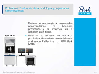 Probióticos: Evaluación de la morfología y propiedades
nanomecánicas
Park NX10
 Evaluar la morfologia y propiedades
nanomecánicas de bacterias
probioticas y su influencia en la
adhesion a un medio.
 Para el experimento se utilizaron
probioticos disponibles comercialmente
y el modo PinPoint en un AFM Park
NX10.
Confidential and Proprietary, Park Systems 24
 