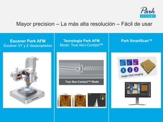 Mayor precision – La más alta resolución – Fácil de usar
7
Escaner Park AFM
Escáner XY y Z desacoplados
Tecnologia Park AFM
Modo: True Non-Contact™
Park SmartScan™
 