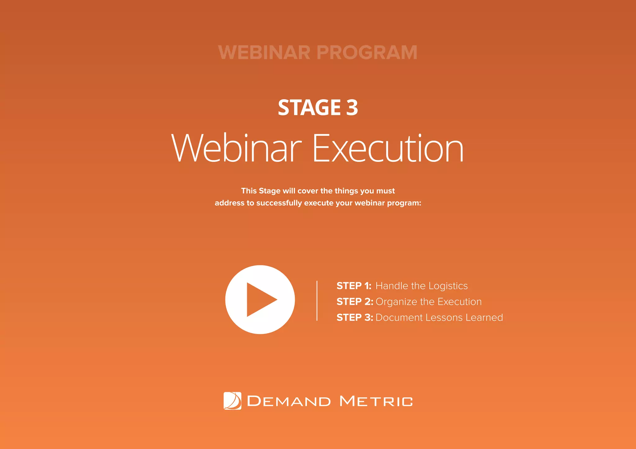 Webinar Execution
STAGE 3
WEBINAR PROGRAM
This Stage will cover the things you must
address to successfully execute your webinar program:
STEP 1:	Handle the Logistics
STEP 2:	Organize the Execution
STEP 3:	Document Lessons Learned
 