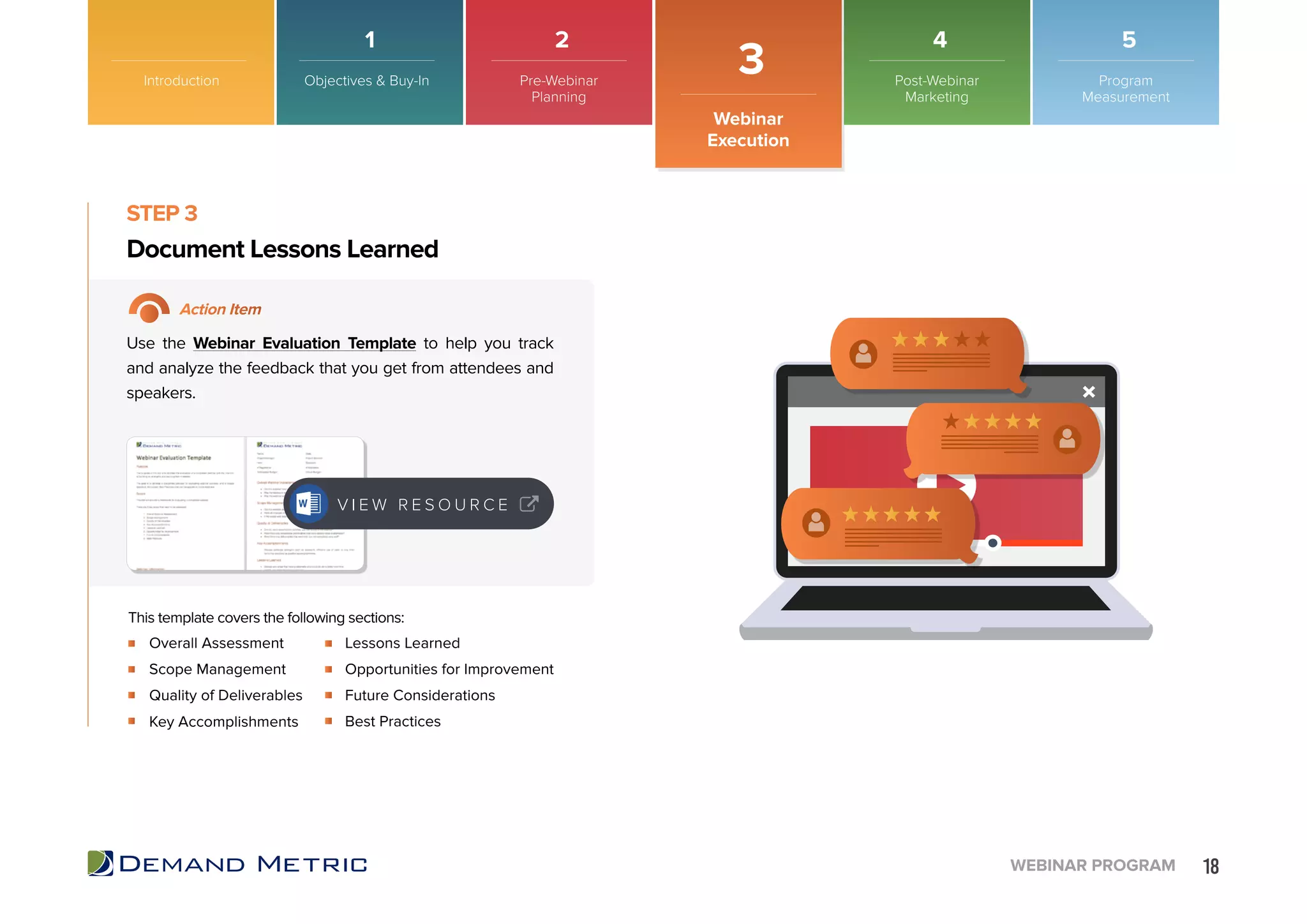 18WEBINAR PROGRAM
Overall Assessment
Scope Management
Quality of Deliverables
Key Accomplishments
Lessons Learned
Opportunities for Improvement
Future Considerations
Best Practices
Document Lessons Learned
STEP 3
Action Item
Use the Webinar Evaluation Template to help you track
and analyze the feedback that you get from attendees and
speakers.
This template covers the following sections:
V I E W R E S O U R C E
Introduction
Webinar
Execution
3Objectives & Buy-In Pre-Webinar
Planning
Post-Webinar
Marketing
Program
Measurement
1 2 4 5
 