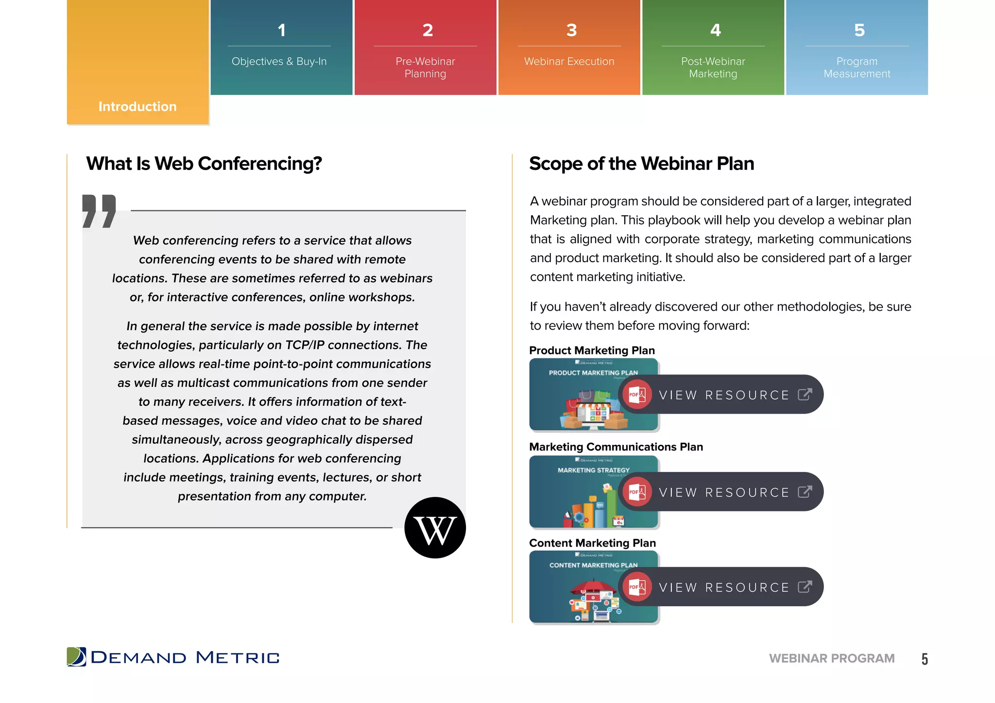5WEBINAR PROGRAM
What Is Web Conferencing? Scope of the Webinar Plan
Web conferencing refers to a service that allows
conferencing events to be shared with remote
locations. These are sometimes referred to as webinars
or, for interactive conferences, online workshops.
In general the service is made possible by internet
technologies, particularly on TCP/IP connections. The
service allows real-time point-to-point communications
as well as multicast communications from one sender
to many receivers. It offers information of text-
based messages, voice and video chat to be shared
simultaneously, across geographically dispersed
locations. Applications for web conferencing
include meetings, training events, lectures, or short
presentation from any computer.
A webinar program should be considered part of a larger, integrated
Marketing plan. This playbook will help you develop a webinar plan
that is aligned with corporate strategy, marketing communications
and product marketing. It should also be considered part of a larger
content marketing initiative.
If you haven’t already discovered our other methodologies, be sure
to review them before moving forward:
V I E W R E S O U R C E
V I E W R E S O U R C E
V I E W R E S O U R C E
Product Marketing Plan
Marketing Communications Plan
Content Marketing Plan
Objectives & Buy-In Pre-Webinar
Planning
Webinar Execution Post-Webinar
Marketing
Program
Measurement
1 2 3 4 5
Introduction
 