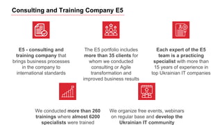 Consulting and Training Company E5
E5 - consulting and
training company that
brings business processes
in the company to
international standards
The E5 portfolio includes
more than 35 clients for
whom we conducted
consulting or Agile
transformation and
improved business results
Each expert of the E5
team is a practicing
specialist with more than
15 years of experience in
top Ukrainian IT companies
We conducted more than 260
trainings where almost 6200
specialists were trained
We organize free events, webinars
on regular base and develop the
Ukrainian IT community
 