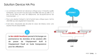 20© 2017
Solution Device HA Pro
INTERNET
LAN
Lien dédié
▪ La connexion Internet est devenue critique pour n’importe quelle
entreprise, qui souvent ne peut plus travailler dès lors qu’elle n’y a
plus accès (plus de mail, de téléphonie, de réception/envoi de
commandes, …)
▪ Pour une solution Hotspot c’est d’autant plus critique que c’est la
clientèle qui sera également impactée.
▪ Il est donc nécessaire de sécuriser le cœur de réseau avec une
solution Haute Disponibilité.
Le lien dédié Heartbeat permet d’échanger en
permanence les données et les sessions afin
de passer de l’équipement Actif à
l’équipement Passif en toute transparence
pour les utilisateurs
 