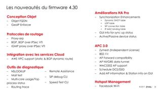 29© 2017
Les nouveautés du firmware 4.30
Conception Objet
‒ Objet FQDN
‒ GeoIP Enforcer
Protocoles de routage
‒ Proxy-arp
‒ BGP, BGP over IPSec VTI
‒ IGMP proxy over IPSec VTI
Intégration avec les services Cloud
‒ AWS VPC support (static & BGP dynamic route)
Outils de diagnostique
‒ NSLOOKUP
‒ Mail test
‒ Multi-core usage/Top
process status
‒ Routing trace
Améliorations HA Pro
‒ Synchronization Enhancements
• Dynamic DHCP table
• UDP table
• SIP connection table
• IP MAC binding table
‒ GUI info for sync up status
‒ Active/Passive device status
APC 3.0
‒ Zymesh (Independent License)
‒ 802.11r
‒ AP Forward compatibility
‒ AP NVGRE data tunnel
‒ WAC5302 AP support
‒ Schedule DCS/SSID
‒ Add AP information & Station info on GUI
Hotspot Management
‒ Facebook Wi-Fi
‒ Remote Assistance
‒ SIP debug CLI
‒ Speed Test CLI
 