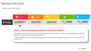 9© 2017
Anti-Virus Anti-Spam Content Filtering IDP App. Intelligence
Services UTM Zyxel
Focus sur l’anti-virus
Moteur anti-virus Kaspersky intégré à la passerelle réseau
Complémentaire des solutions locales pour postes de travail, l’anti-virus installé sur la passerelle réseau permet
de garantir une analyse au niveau du réseau.
A partir de l’USG110, l’Inspection SSL permet en plus une analyse antivirale en profondeur, y compris du trafic
crypté en SSL.
 