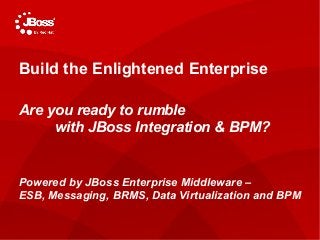1
TITLE SLIDE: HEADLINE
Presenter name
Title, Red Hat
Date
Build the Enlightened Enterprise
Are you ready to rumble
with JBoss Integration & BPM?
Powered by JBoss Enterprise Middleware –
ESB, Messaging, BRMS, Data Virtualization and BPM
 
