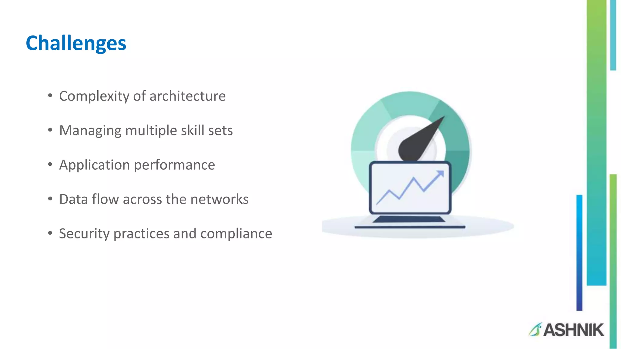 Challenges
• Complexity of architecture
• Managing multiple skill sets
• Application performance
• Data flow across the networks
• Security practices and compliance