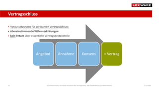 Vertragsschluss
17.12.202010
 Voraussetzungen für wirksamen Vertragsschluss:
 übereinstimmende Willenserklärungen
 kein Irrtum über essentielle Vertragsbestandteile
E-Commerce-Recht: Das müssen Sie wissen über Vertragsschluss, AGB, Gewährleistung und Widerrufsrecht
Angebot Annahme Konsens = Vertrag
 