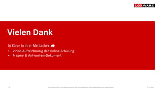 Vielen Dank
In Kürze in Ihrer Mediathek
▪ Video-Aufzeichnung der Online-Schulung
▪ Fragen- & Antworten-Dokument
17.12.2020E-Commerce-Recht: Das müssen Sie wissen über Vertragsschluss, AGB, Gewährleistung und Widerrufsrecht39
 