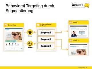 Behavioral Targeting durch
Segmentierung
E-Mail-Marketing-
Software
Segment A
Interesse
Online-Shop
Mailing 1
Mailing 2
Verhalten
Segment B
Segment C
www.inxmail.de
 