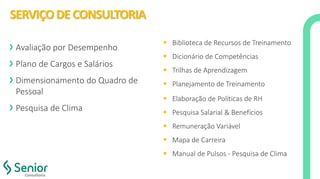 SERVIÇODE CONSULTORIA
Avaliação por Desempenho
Plano de Cargos e Salários
Dimensionamento do Quadro de
Pessoal
Pesquisa de Clima
▪ Biblioteca de Recursos de Treinamento
▪ Dicionário de Competências
▪ Trilhas de Aprendizagem
▪ Planejamento de Treinamento
▪ Elaboração de Políticas de RH
▪ Pesquisa Salarial & Benefícios
▪ Remuneração Variável
▪ Mapa de Carreira
▪ Manual de Pulsos - Pesquisa de Clima
Consultoria
 