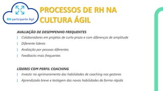PROCESSOS DE RH NA
CULTURA ÁGILRH participante Ágil
AVALIAÇÃO DE DESEMPENHO FREQUENTES
} Colaboradores em projetos de curto prazo e com diferenças de amplitude
} Diferente líderes
} Avaliação por pessoas diferentes
} Feedbacks mais frequentes
LÍDERES COM PERFIL COACHING
} Investir no aprimoramento das habilidades de coaching nos gestores
} Aprendizado breve e testagem das novas habilidades de forma rápida
 
