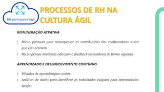 PROCESSOS DE RH NA
CULTURA ÁGILRH participante Ágil
REMUNERAÇÃO ATRATIVA
} Bônus pontuais para recompensar as contribuições dos colaboradores assim
que elas ocorrem
} Recompensas imediatas reforçam o feedback instantâneo de forma vigorosa
APRENDIZADO E DESENVOLVIMENTO CONTÍNUO
} Módulos de aprendizagem online
} Análises de dados para identificar as habilidades exigidas para determinadas
tarefas
 