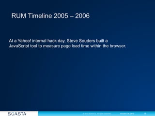 16© 2012 SOASTA. All rights reserved. October 30, 2012
At a Yahoo! internal hack day, Steve Souders built a
JavaScript tool to measure page load time within the browser.
 