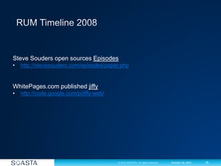 18© 2012 SOASTA. All rights reserved. October 30, 2012
Steve Souders open sources Episodes
• http://stevesouders.com/episodes/paper.php
WhitePages.com published jiffy
• http://code.google.com/p/jiffy-web/
 