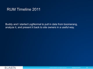 23© 2012 SOASTA. All rights reserved. October 30, 2012
Buddy and I started LogNormal to pull in data from boomerang,
analyze it, and present it back to site owners in a useful way.
 
